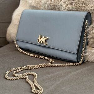 Michael Kors Blue Leather Clutch with Gold Chain
